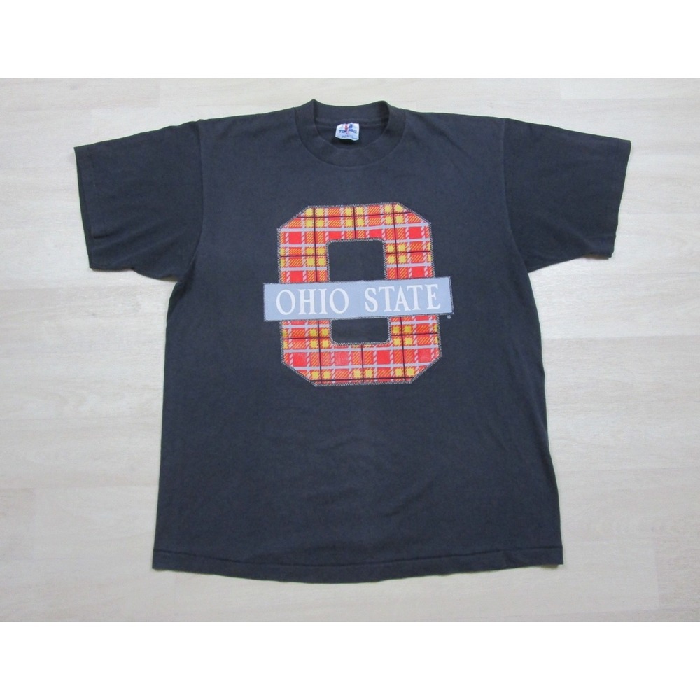 Vintage 90s Ohio State Buckeyes T Shirt (L/XL) OSU Block O Plaid Single Stitch